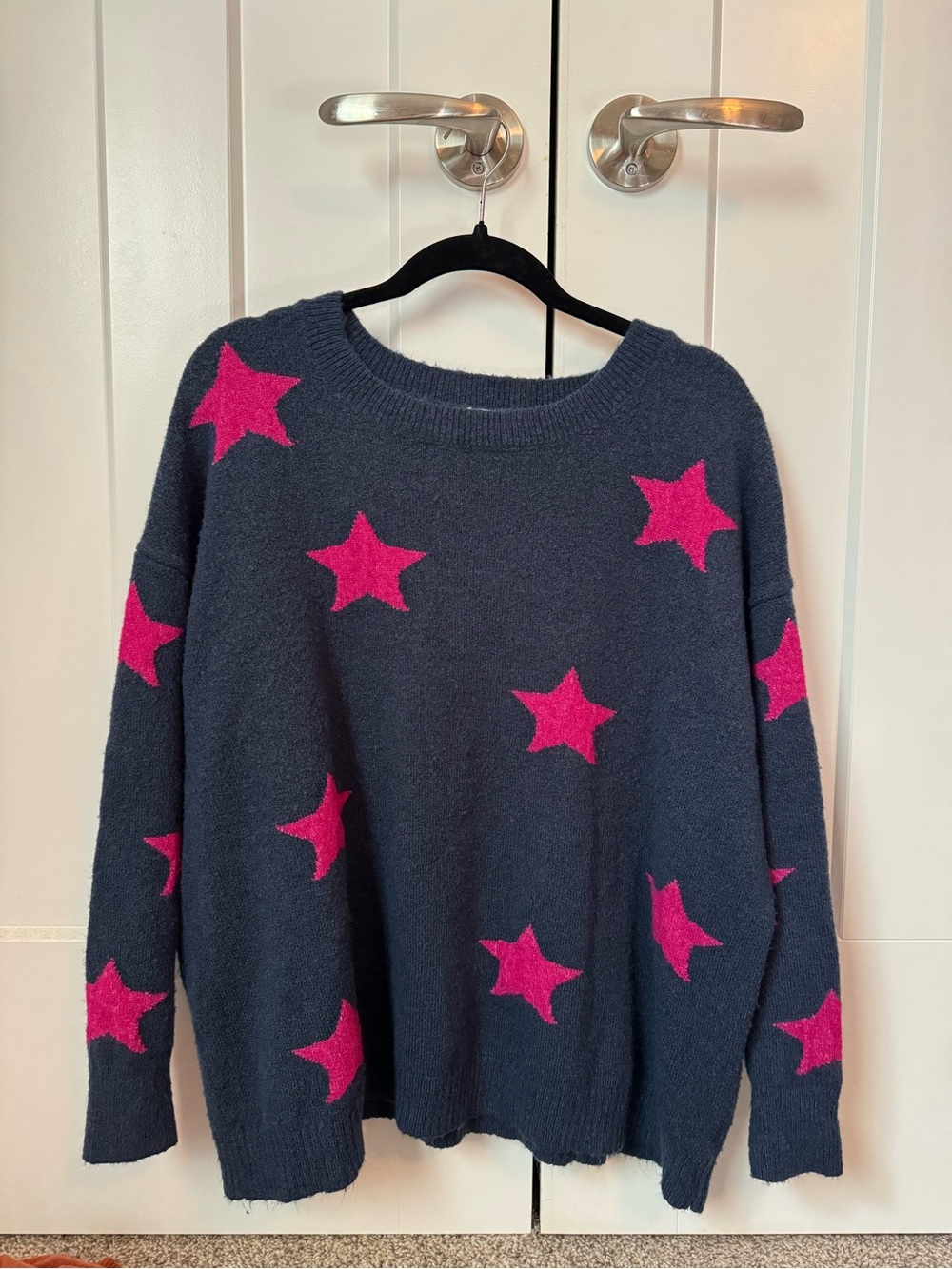 Navy Crewneck Sweater with Hot Pink Stars